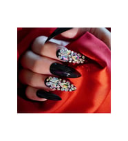 EDA LUXURY BEAUTY Siyah Takma Tırnak Lüks Parlak Kristal Taşlı Desenli Extra Uzun Sivri Uçlu Stiletto Nail Art Set E035