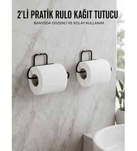 2 Adet Siyah Yapışkanlı Kağıtlık Duvar Tipi Tuvalet Kağıdı ve Rulo Tutucu