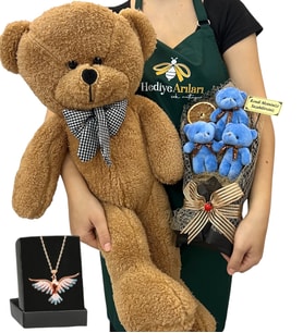 Kişiye Özel 3'lü Peluş Ayıcık Buketi, Renkli Anka Kuşu Kolye ve Kahverengi Peluş Ayıcık (Model 4)