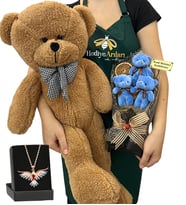 Kişiye Özel 3'lü Peluş Ayıcık Buketi, Renkli Anka Kuşu Kolye ve Kahverengi Peluş Ayıcık (Model 4)