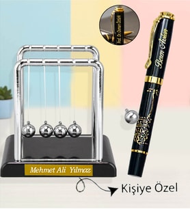 Kişiye Özel Newton Denge Topu & Besmele Yazılı Altın Yaldız Kabartmalı Kalem