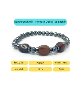 Sertifikalı Kahverengi Akik ve Hematit Doğal Taş Bileklik