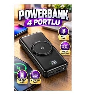 10.000 mAh Taşınabilir Powerbank – 4 Portlu Hızlı Şarj ve Dijital Gösterge