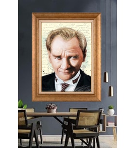 Altın Varaklı Çerçeveli Paspartulu Atatürk Tablo TR1300 (Gold)