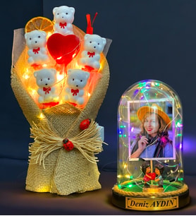 Kişiye Özel Renkli Led Işıklı Fanus ve Led Işıklı Ayıcık Buketi Hediye Seti (Model 6)
