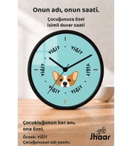 İsme Özel Mint Sevimli Köpek Çocuk Odası Duvar Saati Orta Boy 30 cm Siyah Camlı Sessiz