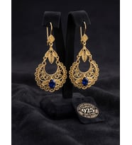 925 Ayar Gümüş Geleneksel Telkari İşlemeli Gold Safir Taşlı Sallantılı Küpe