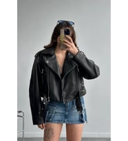 Yeni Sezon Oversize Kadın Siyah Biker Deri Ceket