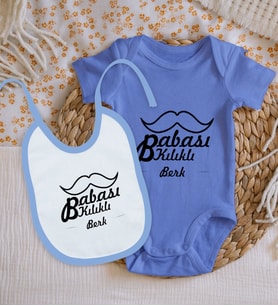 BK Kids Kişiye Özel İsimli Mavi %100 Pamuklu Kısa Kol Bebek Body Zıbın ve Mama Önlüğü Hediye Seti-4