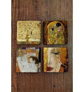 Doğal Taş Bardak Altlığı Gustav Klimt Eserleri Baskılı 4'lü Set - Stone Coasters