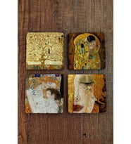 Doğal Taş Bardak Altlığı Gustav Klimt Eserleri Baskılı 4'lü Set - Stone Coasters