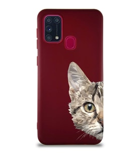 Samsung Galaxy M31 Soft Premier Kapak Catface Tasarımlı Silikon Kılıf - Mürdüm (Şeffaf)