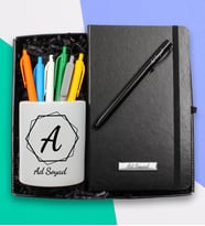 Kişiye Özel Tasarım Porselen Kalemlik & Siyah Defter & Roller Kalem & 6'lı Renkli Kalem Hediye Seti