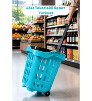 43 LT Tekerlekli Market Sepeti Plastik Alışveriş Sepeti Ergonomik Çift Saplı Turkuaz