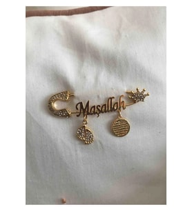 14 Ayar Altın Kaplama Maşallah Yazılı Beyaz Taşlı Taç Modeli Bebek Yaka Iğnesi 5 Cm - 0009