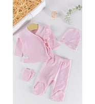 Fırfırlı 4 Parça Kız Bebek Hastane Çıkışı Bebek Takımı (Pembe)