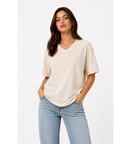Canvi Kadın Bej V-Yaka Basic Tişört  Yazlık & Regular Fit