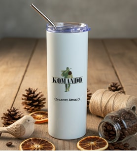 Kişiye Özel Komando Pipetli Çelik Termos  Hediyesi (Beyaz)
