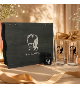 Kişiye Özel Rakı Bardağı Seti Ahşap Kutulu 2 Bardak ve Çakmaklı Hediye Seti