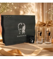Kişiye Özel Rakı Bardağı Seti Ahşap Kutulu 2 Bardak ve Çakmaklı Hediye Seti