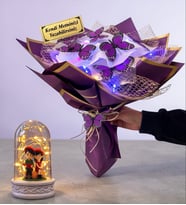 Size Özel Renkli Led Işıklı Kelebek Buketi & Işıklı Oturan Çift Biblolu Fanus