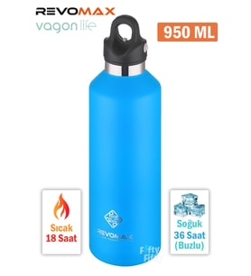 Revomax 950 ML Büyük Kapasiteli Özel Kapak Sistemli 18saat Sıcak/36 Saat Soğuk  Çelik Termos -950ML  (Mavi)