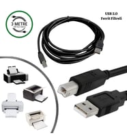 GABBLE USB 2.0 Yüksek Hızlı Yazıcı Kablosu 3 Metre (Ferrit Filtreli) PC Printer Bağlantı Kablosu (Siyah)