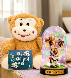 Kişiye Özel 3 Fotoğraflı Renkli LED Işıklı Fanus(pandalı) ve Peluş Maymun Sevgiliye Hediye Kadına Hediye