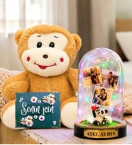 Kişiye Özel 3 Fotoğraflı Renkli LED Işıklı Fanus(pandalı) ve Peluş Maymun Sevgiliye Hediye Kadına Hediye