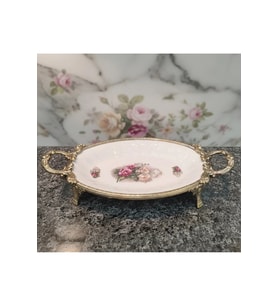 DEKORATİF BRONZ ESKİTME METAL AYAKLI OVAL ÇİÇEKLİ PORSELEN SUNUMLUK TABAK