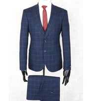 Jan Carlucci Slim Fit Sivri Yaka-Çift Yırtmaç Lacivert Kareli  Drop 6 Yelekli Takım Elbise
