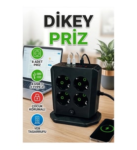 Dikey Priz Kulesi 8'li AC Priz 4 USB 2 Type-C Çocuk Korumalı Güç Dağıtıcı