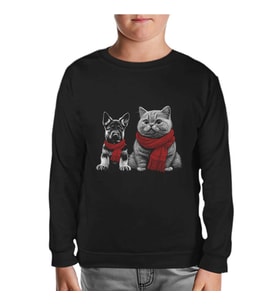 Baby Dog and a Cat Wearing Scarves Siyah Çocuk Sweatshirt