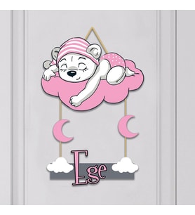 İsme Özel Bebek Odası Ahşap Kapı Süsü (bulut & Ayı) PEMBE