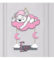 İsme Özel Bebek Odası Ahşap Kapı Süsü (bulut & Ayı) PEMBE
