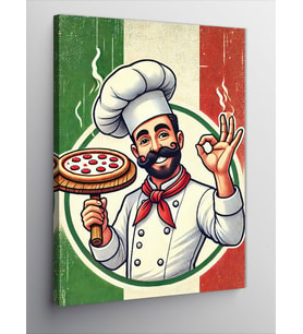 Kanvas Tablo Pizza Şefi ve İtalyan Bayrağı