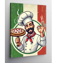 Kanvas Tablo Pizza Şefi ve İtalyan Bayrağı