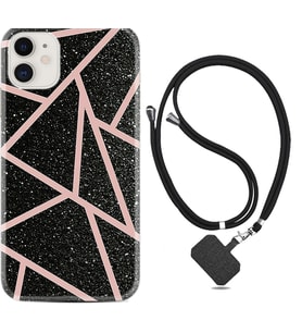 Apple iPhone 11 12 13 Mini Kılıf Boyun Askılı Silikon Pembe Şeritli Mermer 1312