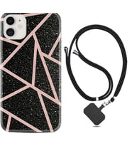 Apple iPhone 11 12 13 Mini Kılıf Boyun Askılı Silikon Pembe Şeritli Mermer 1312