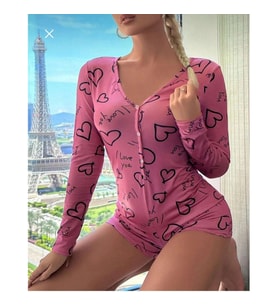 Arias Closet Pamuklu Pembe Siyah Kalp Desenli Düğmeli Uzun Kol Tulum Pijama