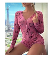 Arias Closet Pamuklu Pembe Siyah Kalp Desenli Düğmeli Uzun Kol Tulum Pijama