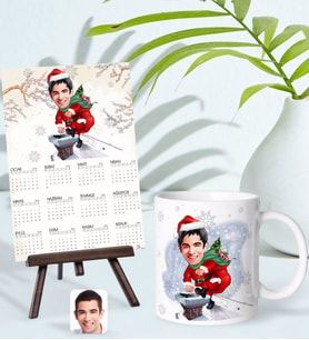 BK Gift Kişiye Özel Erkek Yılbaşı Karikatürlü Kupa Bardak ve 13x18cm Fotoğraf Kartlı Şövaleli 2024 Takvim Hediye Seti-2