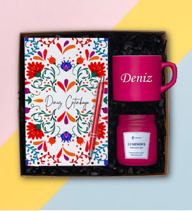 Kişiye Özel  Nescafe Fincanı, Defter, Kalem-Kokulu Cam Mum Hediye Seti