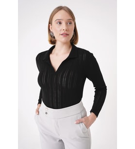 Chuba Kadın Polo Yaka Örgü Detaylı Regular Fit Triko Kazak Siyah 25W3004