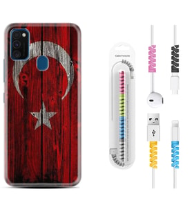 Samsung M21 M22 M23 M30 M31S M32 Kılıf Kablo Koruma Spiral Silikon Şanlı Türk Bayrağı 2 1317