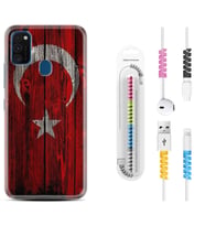 Samsung M21 M22 M23 M30 M31S M32 Kılıf Kablo Koruma Spiral Silikon Şanlı Türk Bayrağı 2 1317