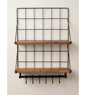 Çift Ahşap Raflı Metal Duvar Rafı 6 Kancalı Mutfak & Banyo Organizer 60*40 cm