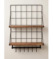 Çift Ahşap Raflı Metal Duvar Rafı 6 Kancalı Mutfak & Banyo Organizer 60*40 cm