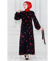 Puantiyeli Prenses Model Elbise-Kırmızı