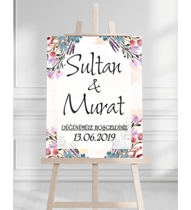 Söz Nişan Düğün İçin 50x70 Karşılama Panosu - Renkli Çiçek Pastel Tasarımlı